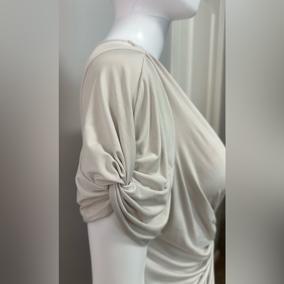 👗 Nothing But Love Plunging Ruched Beige Evening Dress - Size Large ✨ - Picture 7 of 15